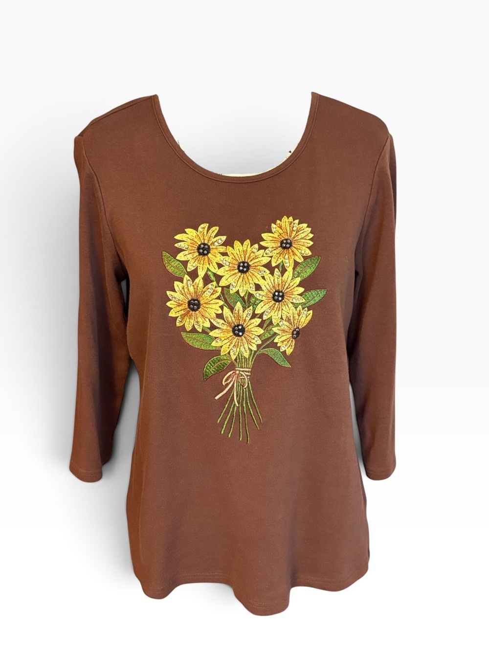 Quacker Factory Sunflower Embroidered Embellished 3/4 Sleeve Top Brown Size XS